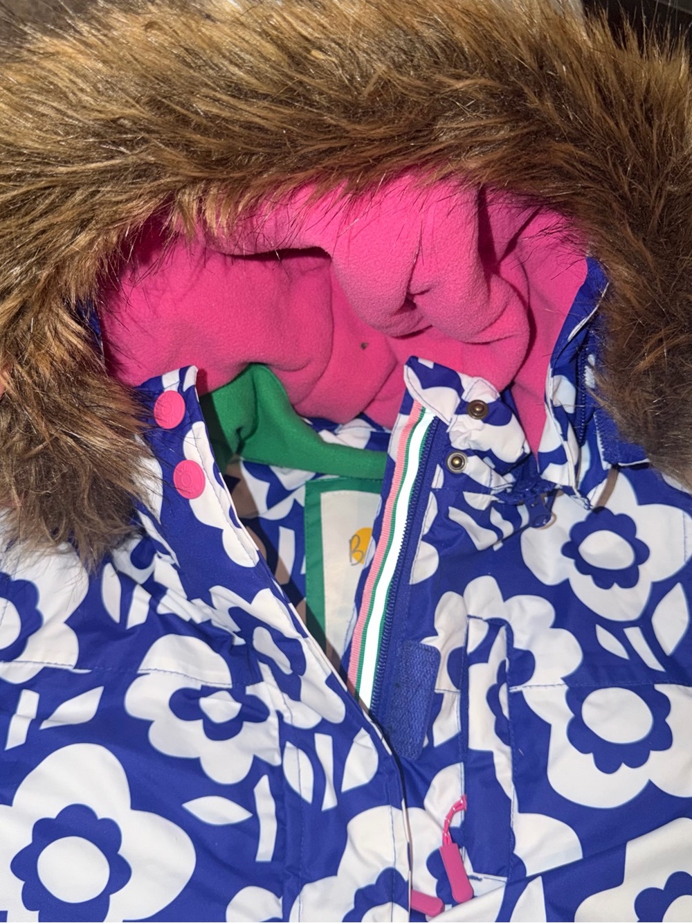 Boden Girls Winter Coat - Blue & Pink Floral Design - Picture 2 of 5